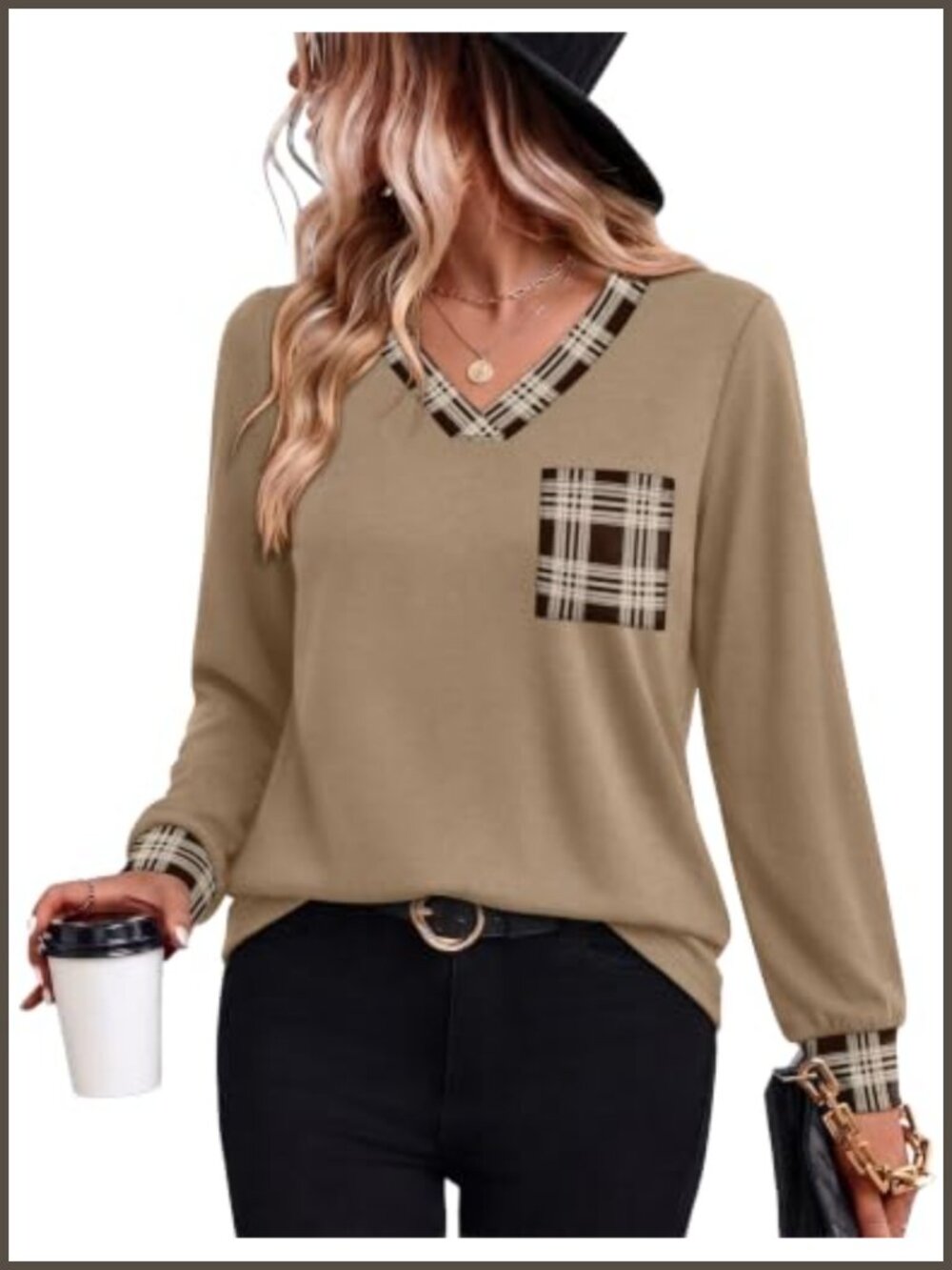 V Neck Long Sleeve Tunic Top Casual Loose Fit Womens Fall Shirt